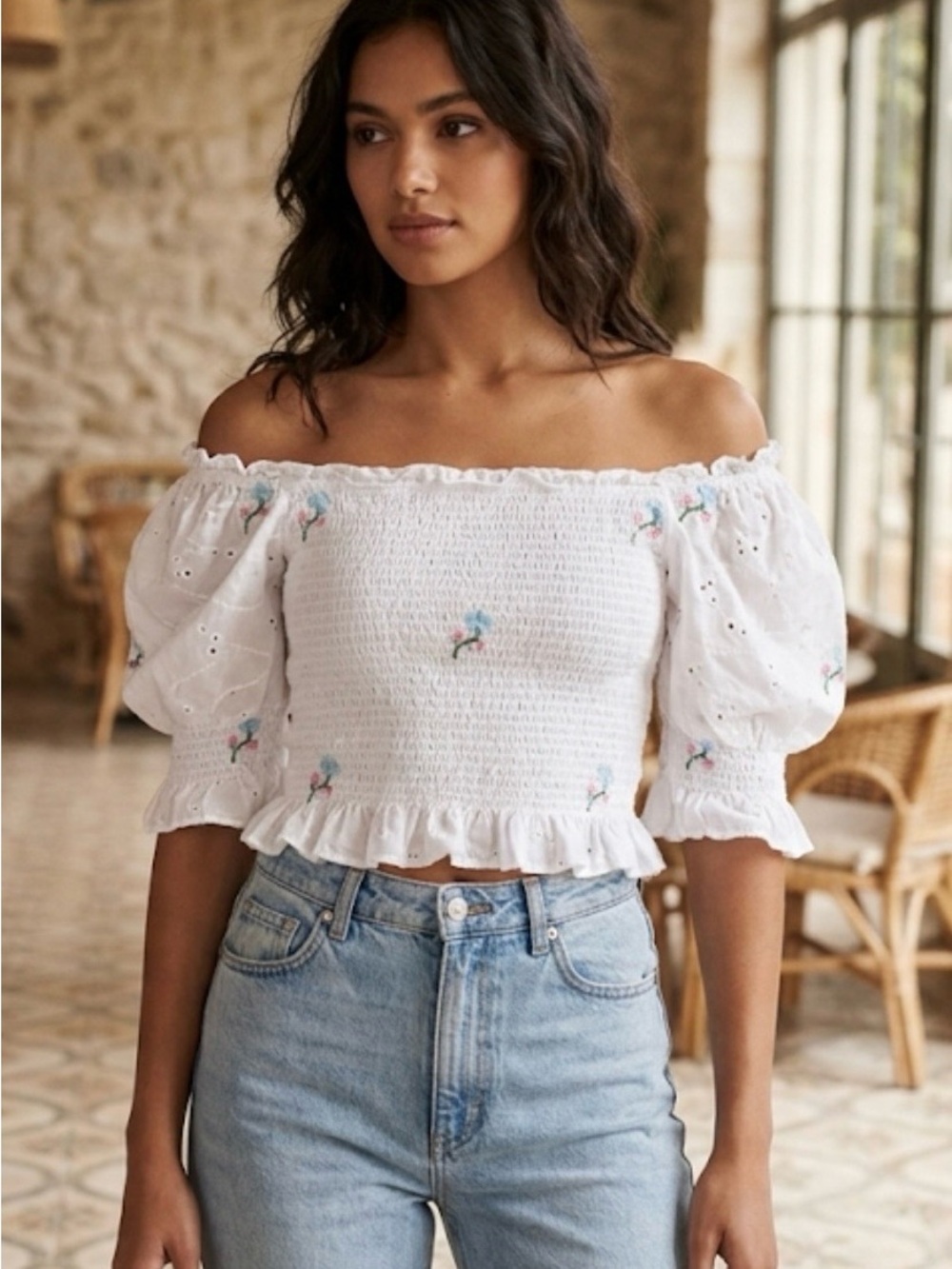 Iky & Me off-the-shoulder smocked crop top floral embroidery ruffled hem M